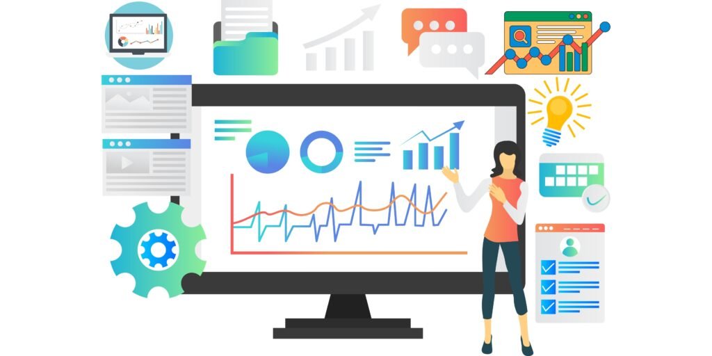 Flat-lay of laptop, SEO dashboard, analytics charts, and logos of top SEO tools like Ahrefs, SEMrush, and Google Search Console